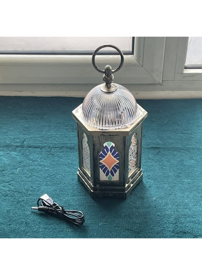 3pc Ramadan Decoration Bundle - LED Mosque Crescent Moon Lamp, Kids Cartoon Character Table Light, & Vintage Glass Fanous Lantern  Cable - Image 3